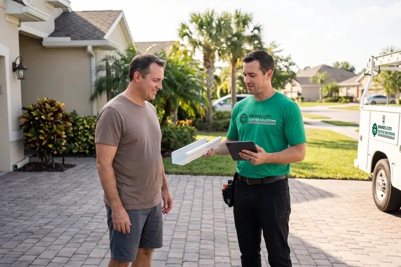Haines City Gutter Solutions specialist in green uniform t-shirt providing on-site consultation to homeowner