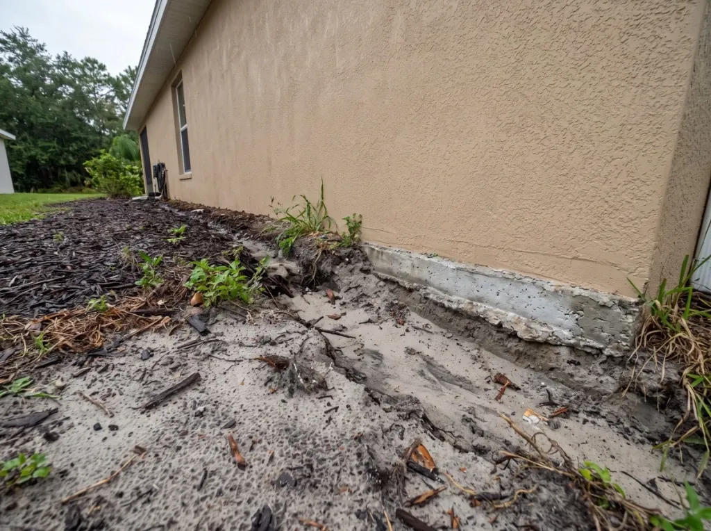 Unchecked roof runoff eroding sandy soil along home concrete slab foundation in Haines City FL