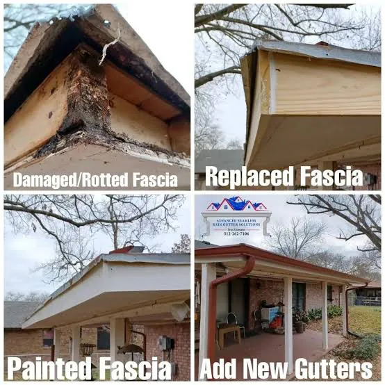Water-damaged rotted wooden fascia board and rafter tail rot behind leaking sectional gutter in Central Florida
