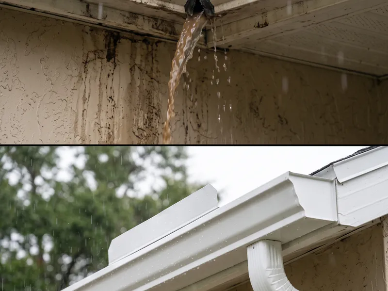 Leaking sectional gutter seam joint versus zero-seam continuous aluminum seamless gutter comparison