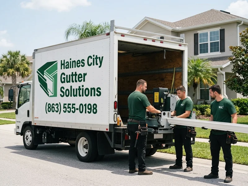 Installation crew custom-forming seamless gutters on-site from mobile truck in Haines City, FL