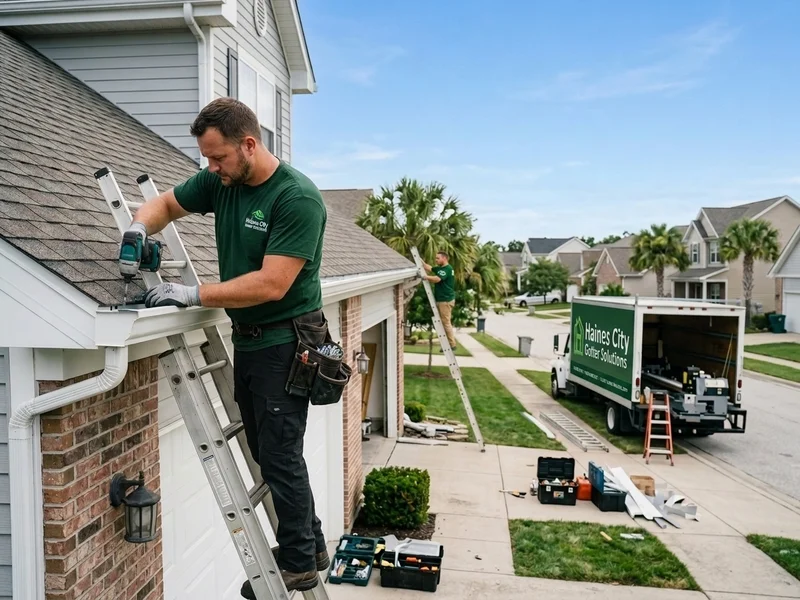 Technician securing seamless gutters to roof fascia on a ladder in Haines City, FL