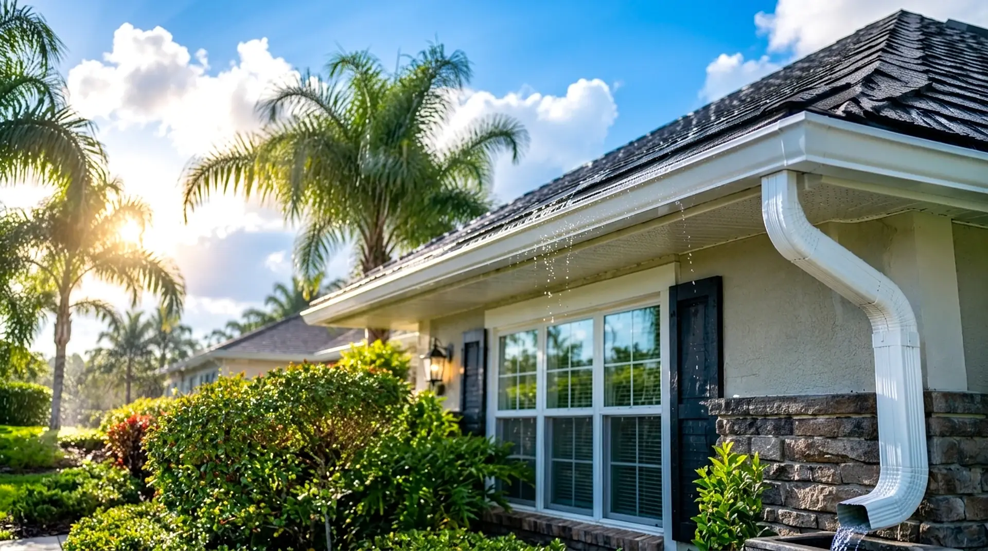 Seamless white aluminum gutters and downspout installed on a Florida home in Haines City