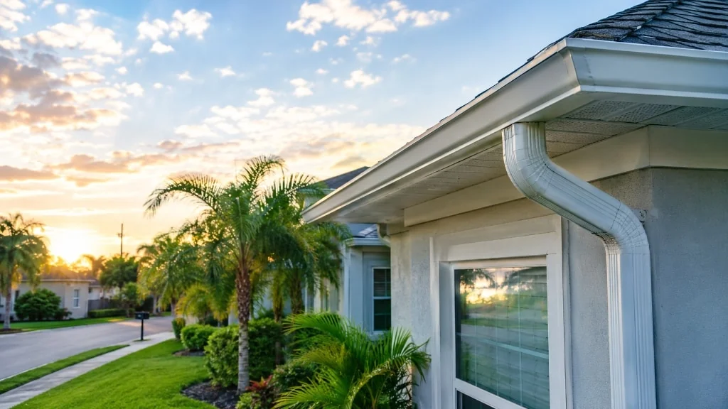 Custom seamless aluminum gutters and downspout installation along the roofline of a residential home in Central Florida