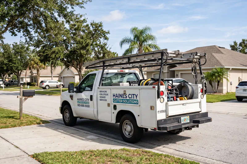 Haines City Gutter Solutions service truck dispatched in residential neighborhood near Lake Eva in Haines City FL
