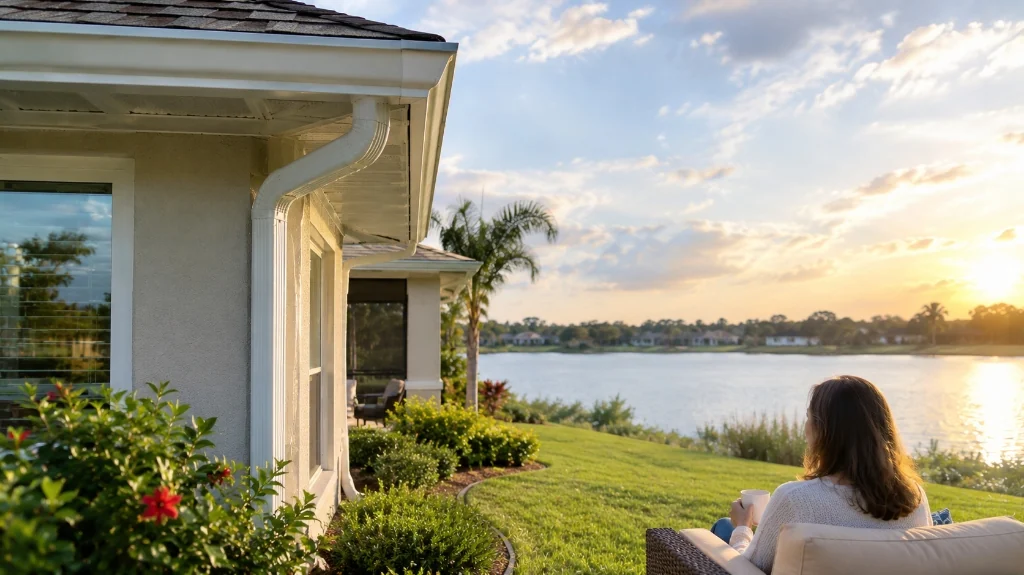 Seamless gutters on a residential lakefront home in Lake Alfred, FL