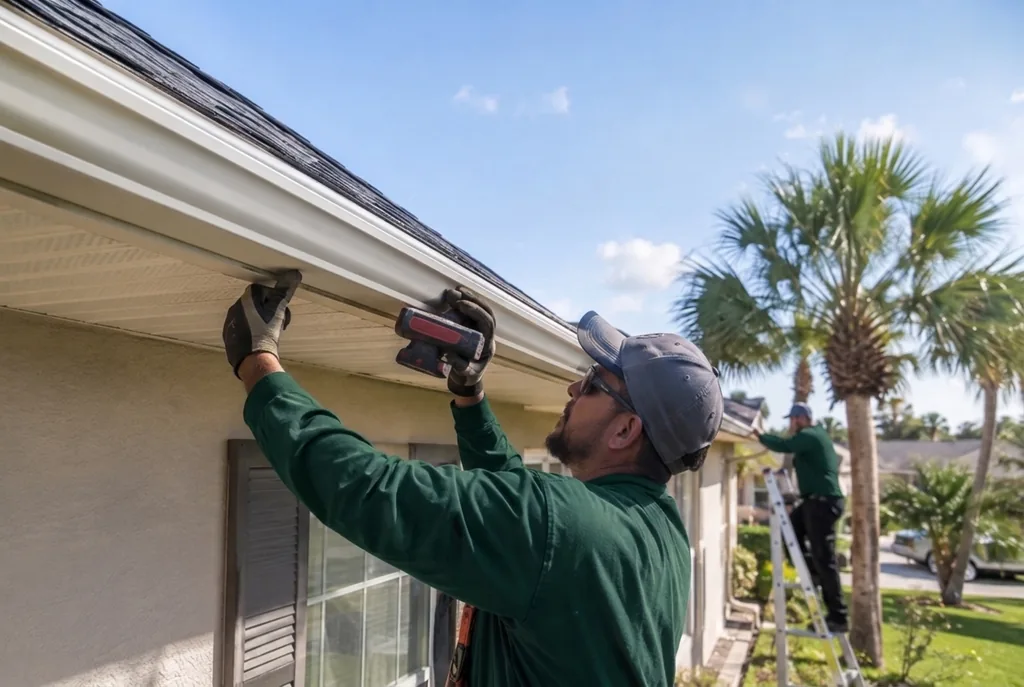 Two gutter installation technicians in dark pine green uniforms securing a custom seamless white aluminum gutter along the roofline of a Lakeland, FL home