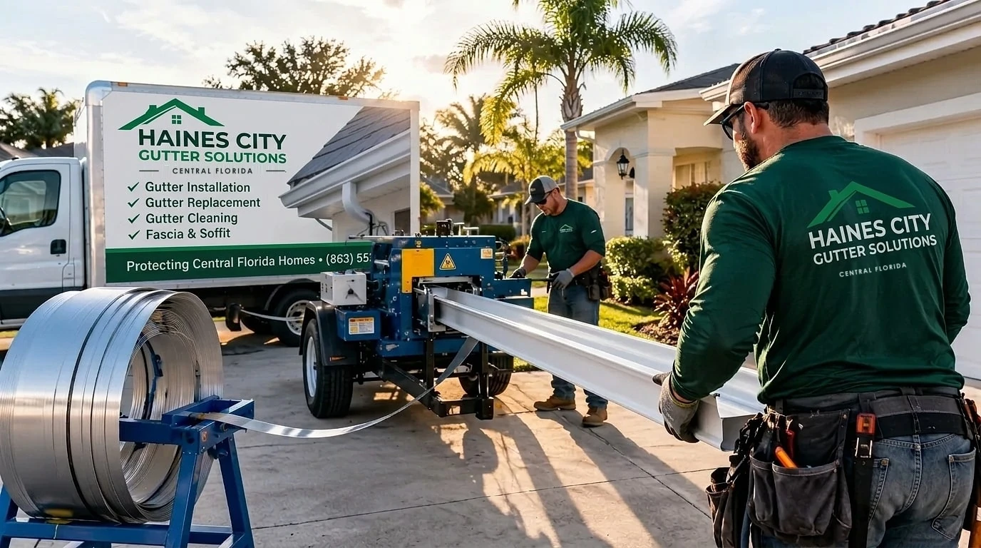Mobile service truck and crew forming seamless gutters on-site in Polk County, FL