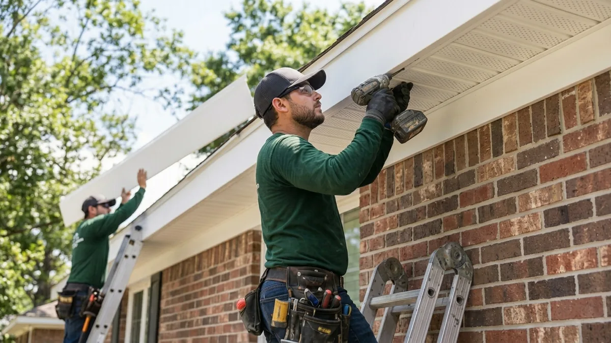 Technicians repairing rotted wood fascia and installing vented soffits in Haines City, FL