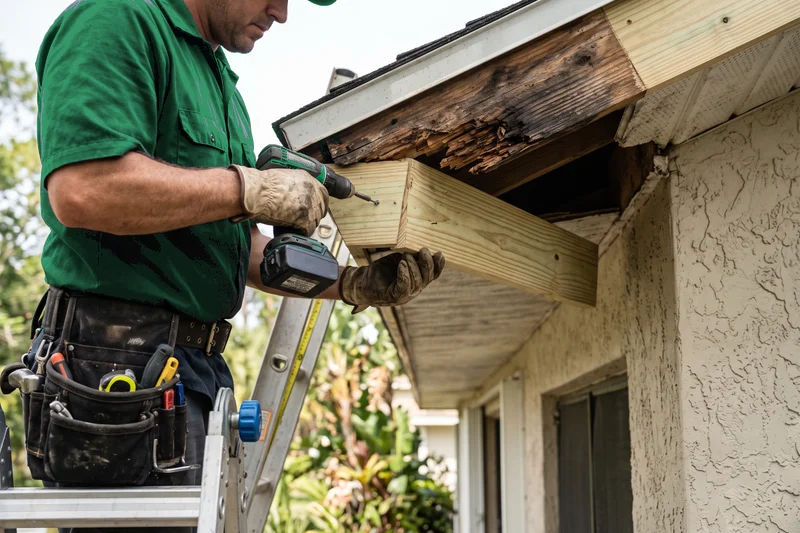 Technician repairing rotted wood fascia board behind gutters in Haines City, FL