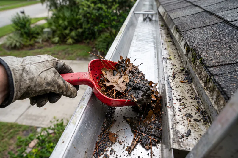 Professional gutter cleaning and downspout flushing service removing leaves and debris in Haines City Florida