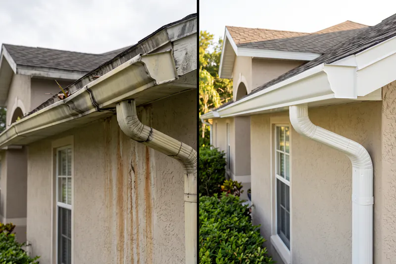 Before and after comparison of old sectional gutters replaced with seamless gutters in Haines City, FL