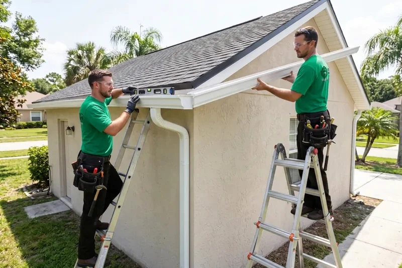 Gutter installation crew mounting and leveling seamless gutters in Haines City, FL